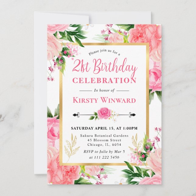 Invitación Rosas rosadas acuarela flores de verano cumpleaños (Anverso)
