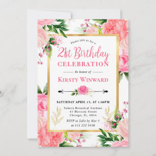 Invitación Rosas rosadas acuarela flores de verano cumpleaños