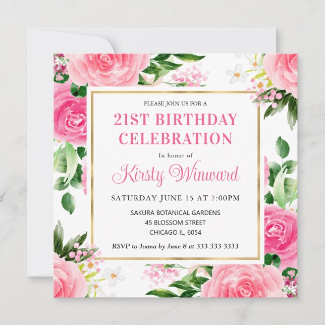Invitación Rosas rosadas acuarela flores de verano cumpleaños (Anverso)