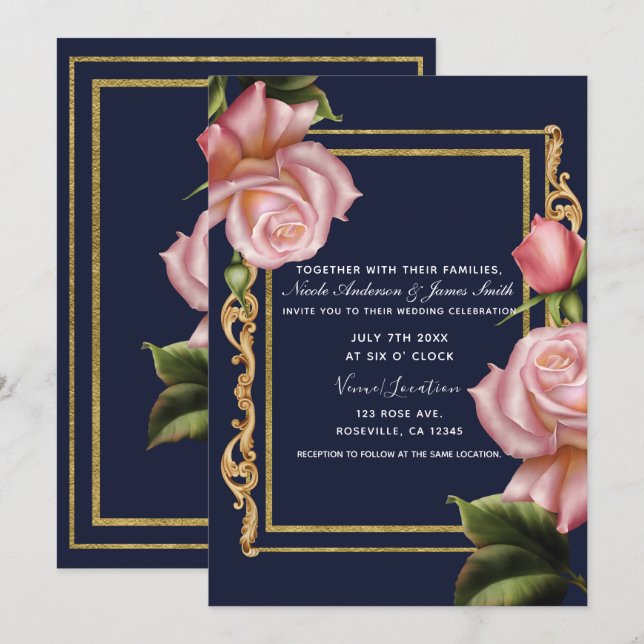 Invitación Rosas rosadas azul marino y dorado boda moderna (Anverso / Reverso)