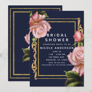 Invitación Rosas rosadas azul marino y dorado ducha de novia 