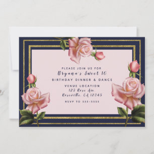 Invitación Rosas rosadas Azul marino y dorado Fiesta moderna