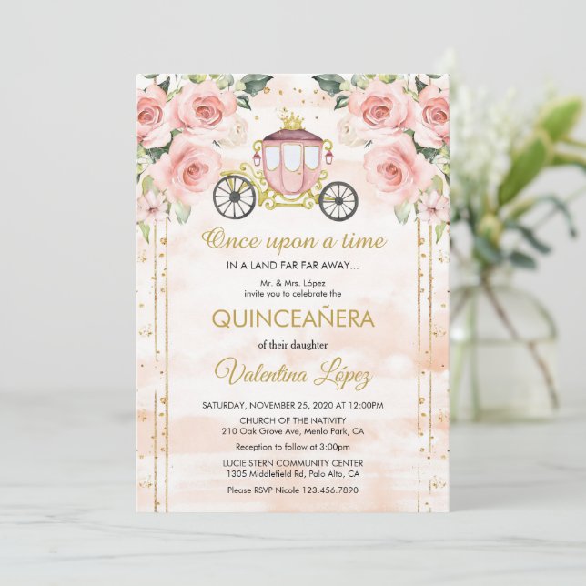 Invitación Rosas rosadas bebé Princesa Cenicienta Quinceañera (Anverso de pie)