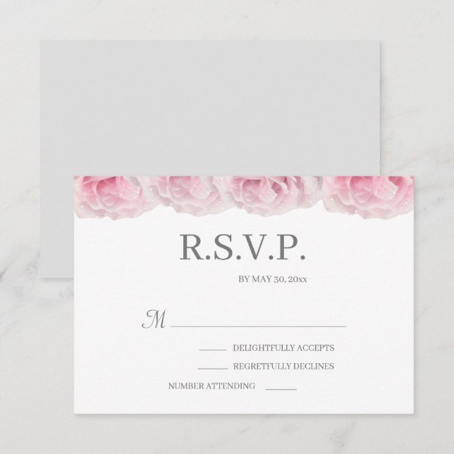 Invitación Rosas rosadas blanco gris elegante floral RSVP de  (Anverso / Reverso)