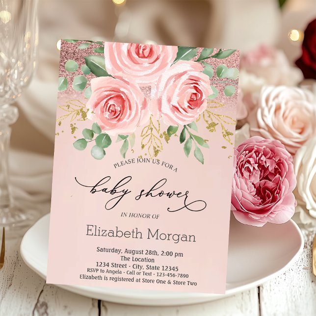 Invitación Rosas rosadas, Boda de Bebe con Bokeh Brillante (Subido por el creador)