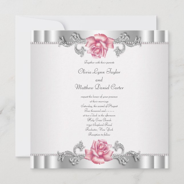 Invitación Rosas rosadas boda elegante plata blanca (Anverso)