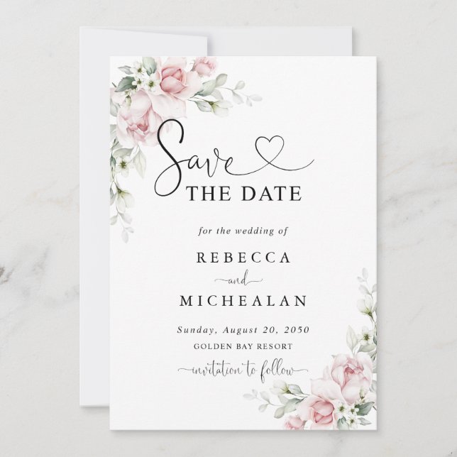 Invitación Rosas Rosadas Bodas Guardar La Fecha (Anverso)