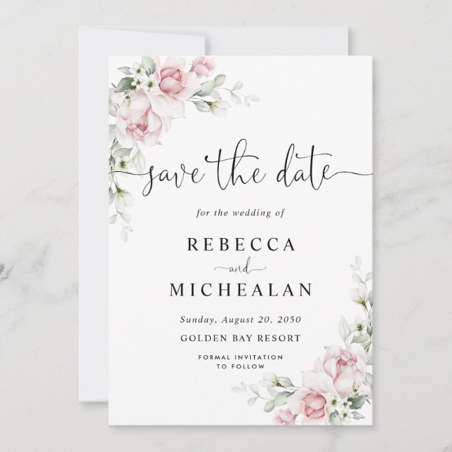 Invitación Rosas Rosadas Bodas Guardar La Fecha (Anverso)