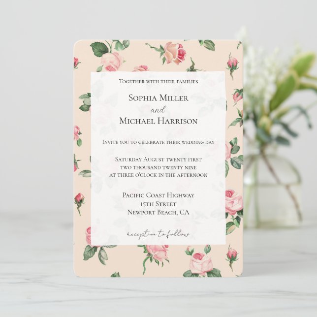 Invitación Rosas Rosadas Bonitas Bodas Florales (Anverso de pie)