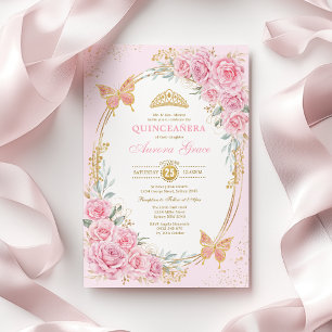 Invitación Rosas rosadas bonitas Mariposas Quinceañera