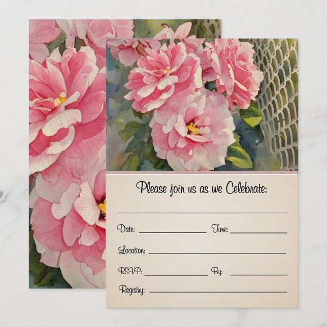 Invitación Rosas rosadas bonito delante y detrás de la invita (Anverso / Reverso)