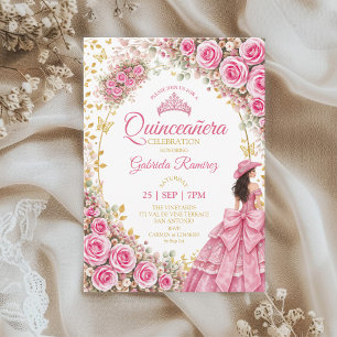 Invitación Rosas rosadas brillantes acuarela Quinceañera dora