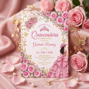 Invitación Rosas rosadas brillantes acuarela Quinceañera dora
