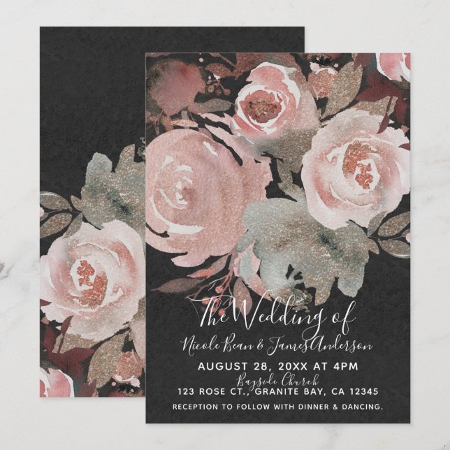 Invitación Rosas rosadas brillo rosas flores oscuras glamour  (Anverso / Reverso)