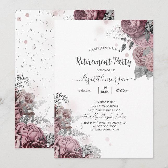 Invitación Rosas Rosadas Chic Jubilación   (Anverso / Reverso)
