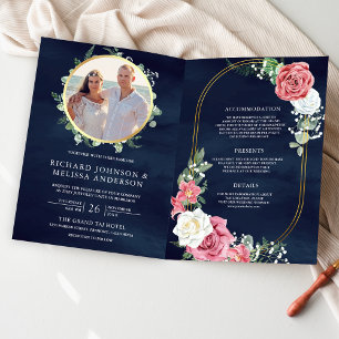Invitación Rosas rosadas código QR de foto azul marino boda f