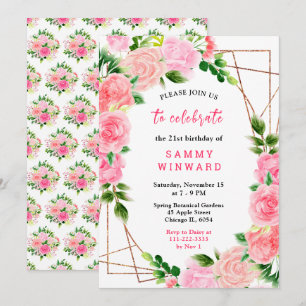 Invitación Rosas rosadas con cumpleaños de follaje