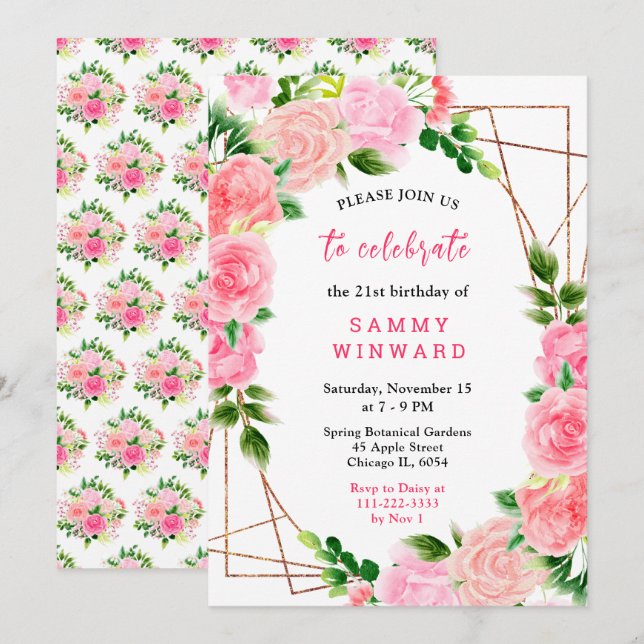Invitación Rosas rosadas con cumpleaños de follaje (Anverso / Reverso)