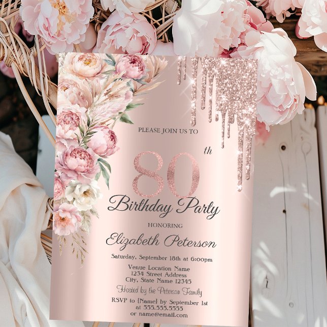 Invitación Rosas rosadas con destellos de gotas de oro rosa C (Subido por el creador)