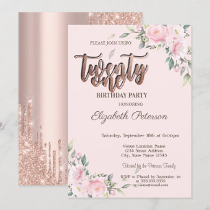 Invitación Rosas rosadas con destellos Rosa Dorado Cumpleaños