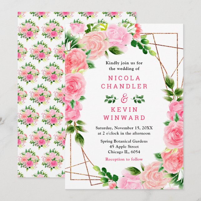 Invitación Rosas rosadas con follaje de boda (Anverso / Reverso)