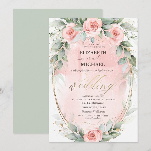 Invitación Rosas rosadas con marco de oro para boda (Anverso / Reverso)