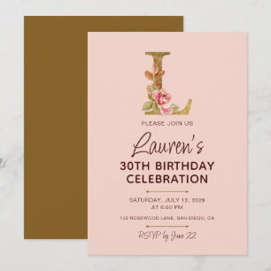 Invitación Rosas rosadas con monograma de letra L dorada