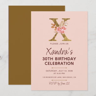 Invitación Rosas rosadas con monograma de letra X dorada