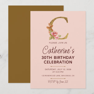 Invitación Rosas rosadas con monograma dorado de letra C