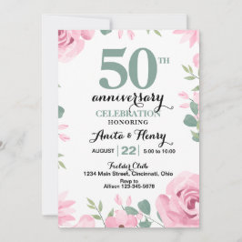 Invitación Rosas rosadas con texto en verde salvia aniversari