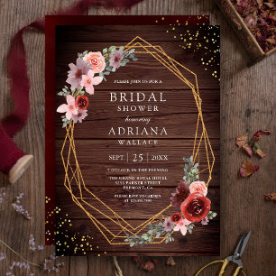 Invitación Rosas rosadas con tono burgundy y madera de graner