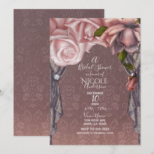 Invitación Rosas rosadas con tono Dusty Rose para ducha de no (Anverso / Reverso)