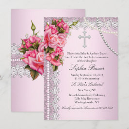 Invitación Rosas rosadas Cruzan Primera Comunión o Bautismo