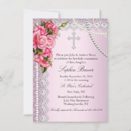 Invitación Rosas rosadas Cruzan Primera Comunión o Bautismo