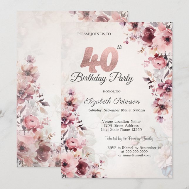 Invitación Rosas Rosadas Cumpleaños 40 (Anverso / Reverso)