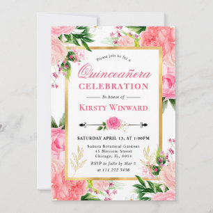 Invitación Rosas rosadas de acuarela Flores de verano Quincea