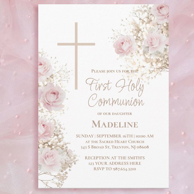 Invitación Rosas rosadas de aliento de bebé Primera Comunión (Subido por el creador)