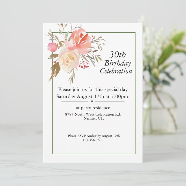 Invitación Rosas rosadas de Boho, cumpleaños número 30 del Pe (Anverso de pie)