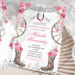 Invitación Rosas rosadas de plata occidental Charra Quinceañe