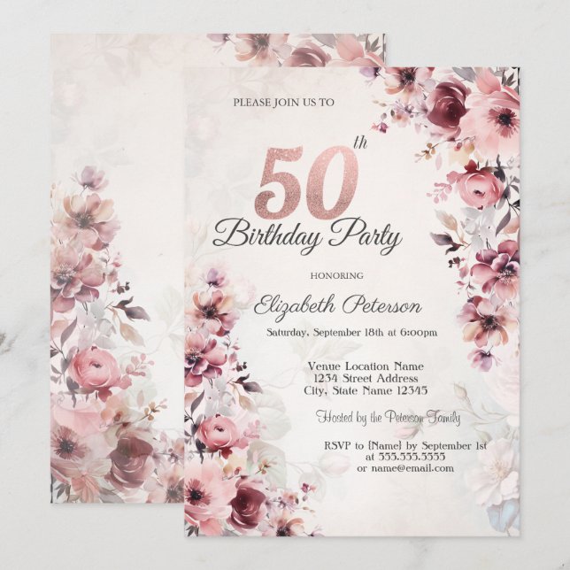 Invitación Rosas Rosadas de Rubor Cumpleaños 50 (Anverso / Reverso)
