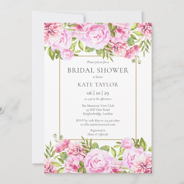 Invitación Rosas rosadas Elegante floral Boda Shower (Anverso)