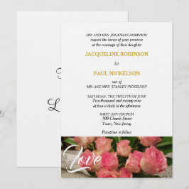 Invitación Rosas rosadas elegantes aman el oro blanco