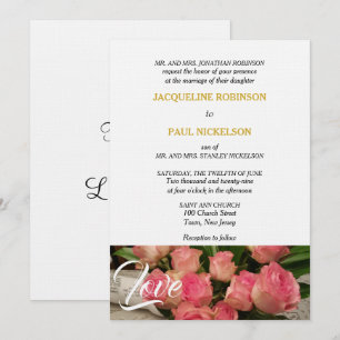 Invitación Rosas rosadas elegantes aman el oro blanco