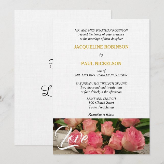 Invitación Rosas rosadas elegantes aman el oro blanco  (Anverso / Reverso)