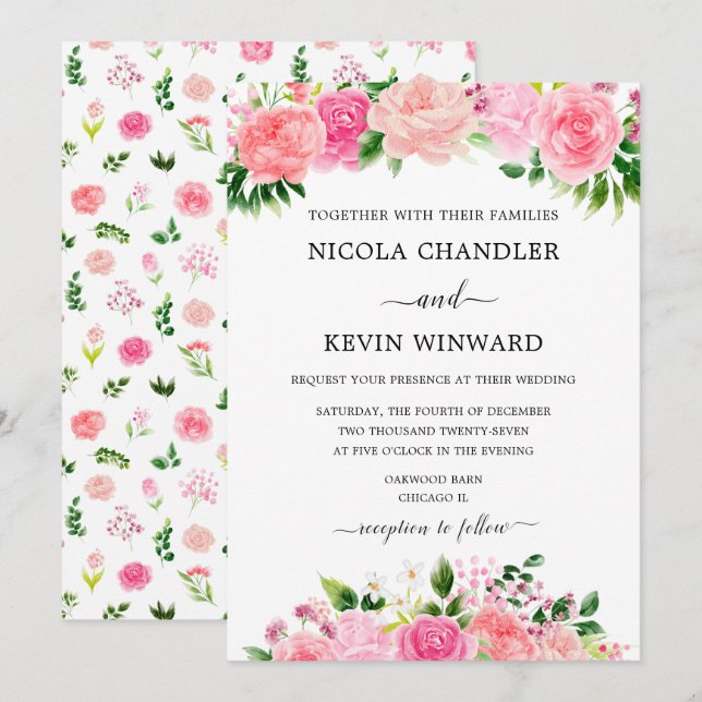 Invitación Rosas Rosadas Elegantes Bodas Florales (Anverso / Reverso)