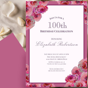 Invitación Rosas rosadas elegantes Cumpleaños 100 de mujer