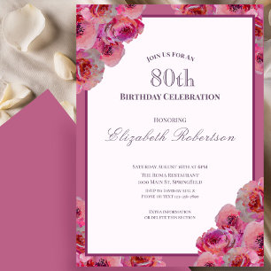 Invitación Rosas rosadas elegantes Cumpleaños 80 de mujer