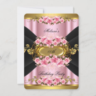 Invitación Rosas rosadas elegantes Cumpleaños Fiesta negro or