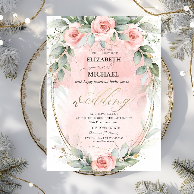 Invitación Rosas Rosadas Elegantes Marco Dorado Boda (Subido por el creador)