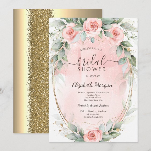Invitación Rosas Rosadas Elegantes Marco Dorado Brillo Desped (Anverso / Reverso)